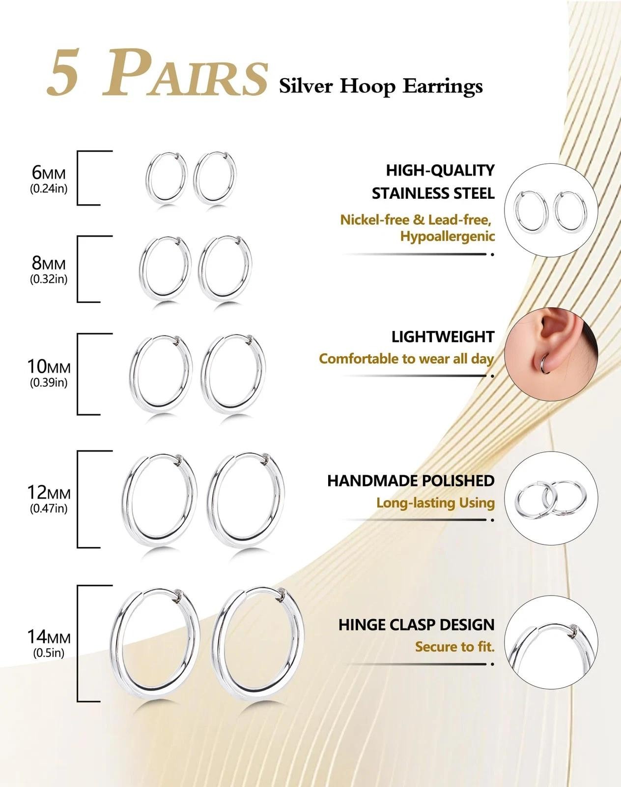 5 Pairs Small Huggie Hoop Earrings for Women, Stainless Steel Silver