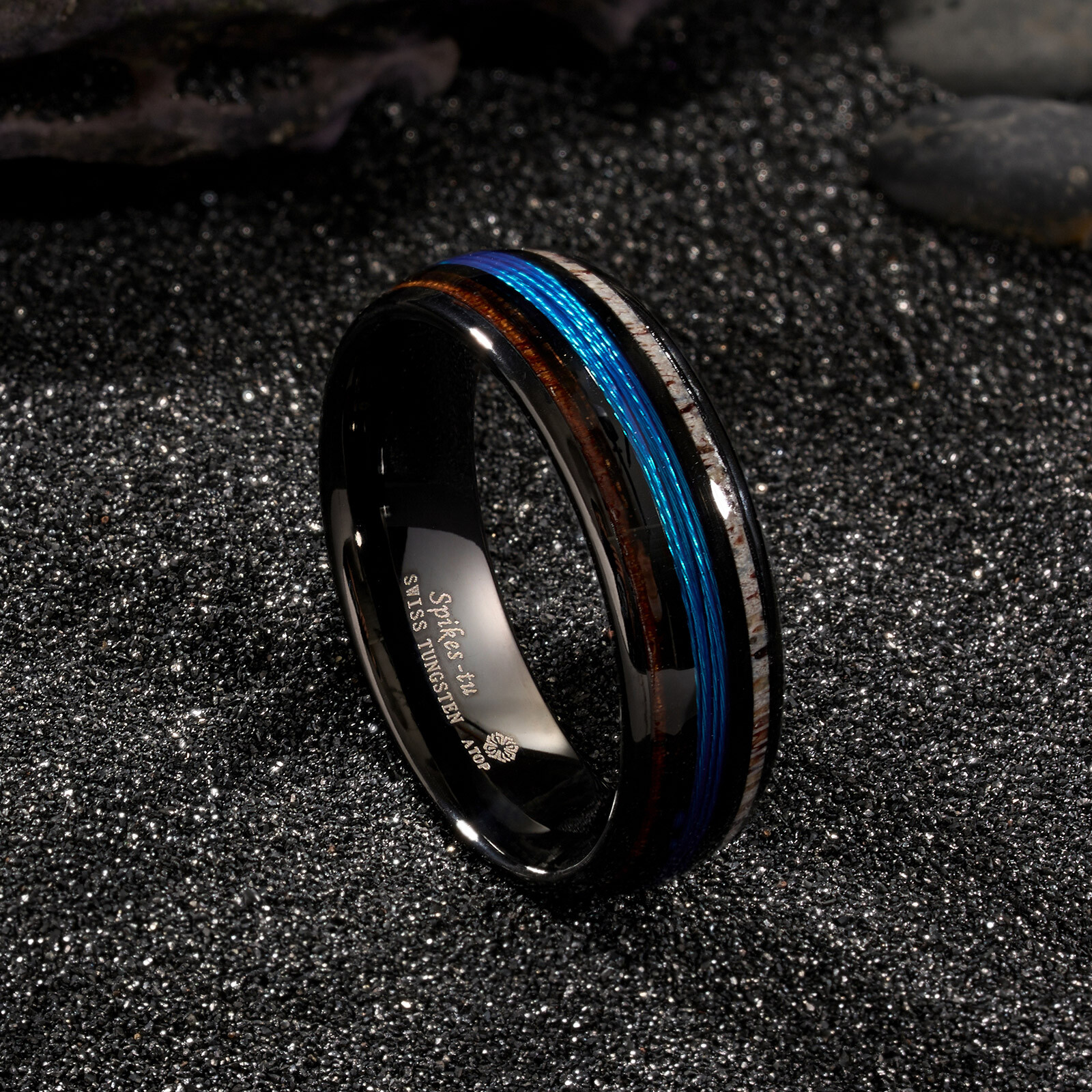 8mm Line-Whiskey ATOP Tungsten Ring Men’s Wedding Band Deer Antler