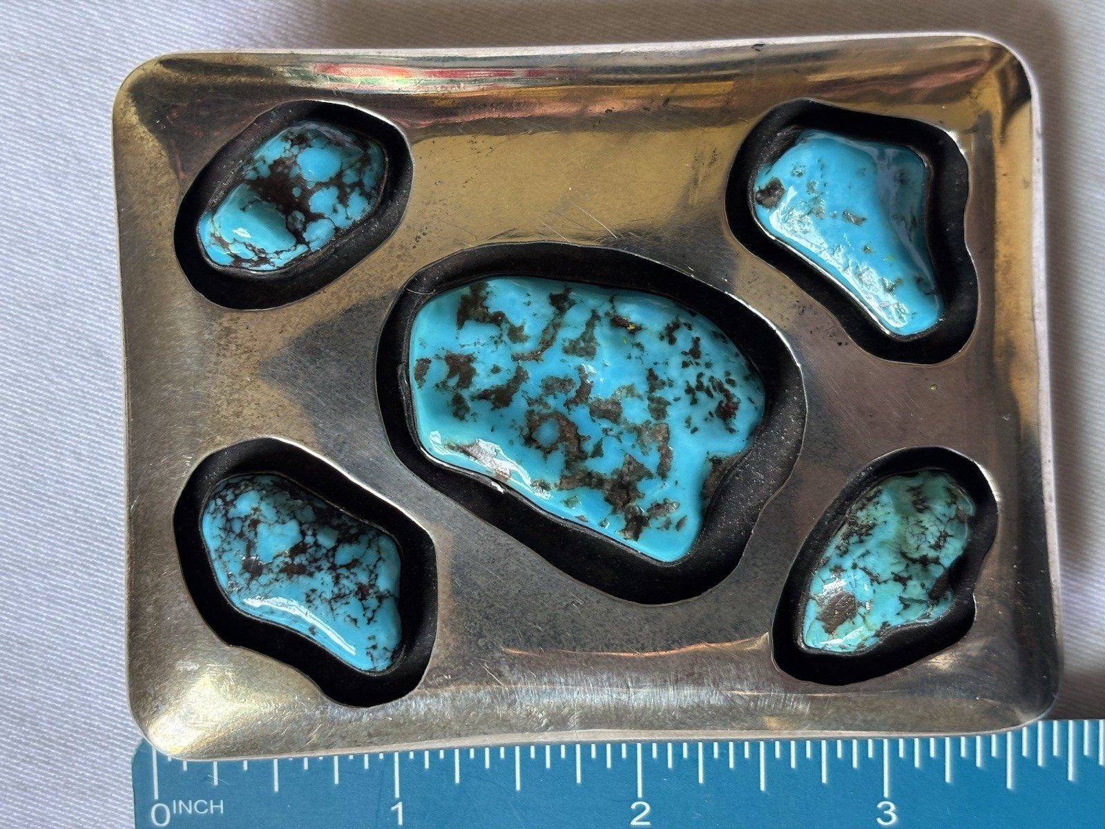 Xl Men’s Vintage Navajo shadowbox Belt Buckle w/ 5 large Turquoise cabs, Signed