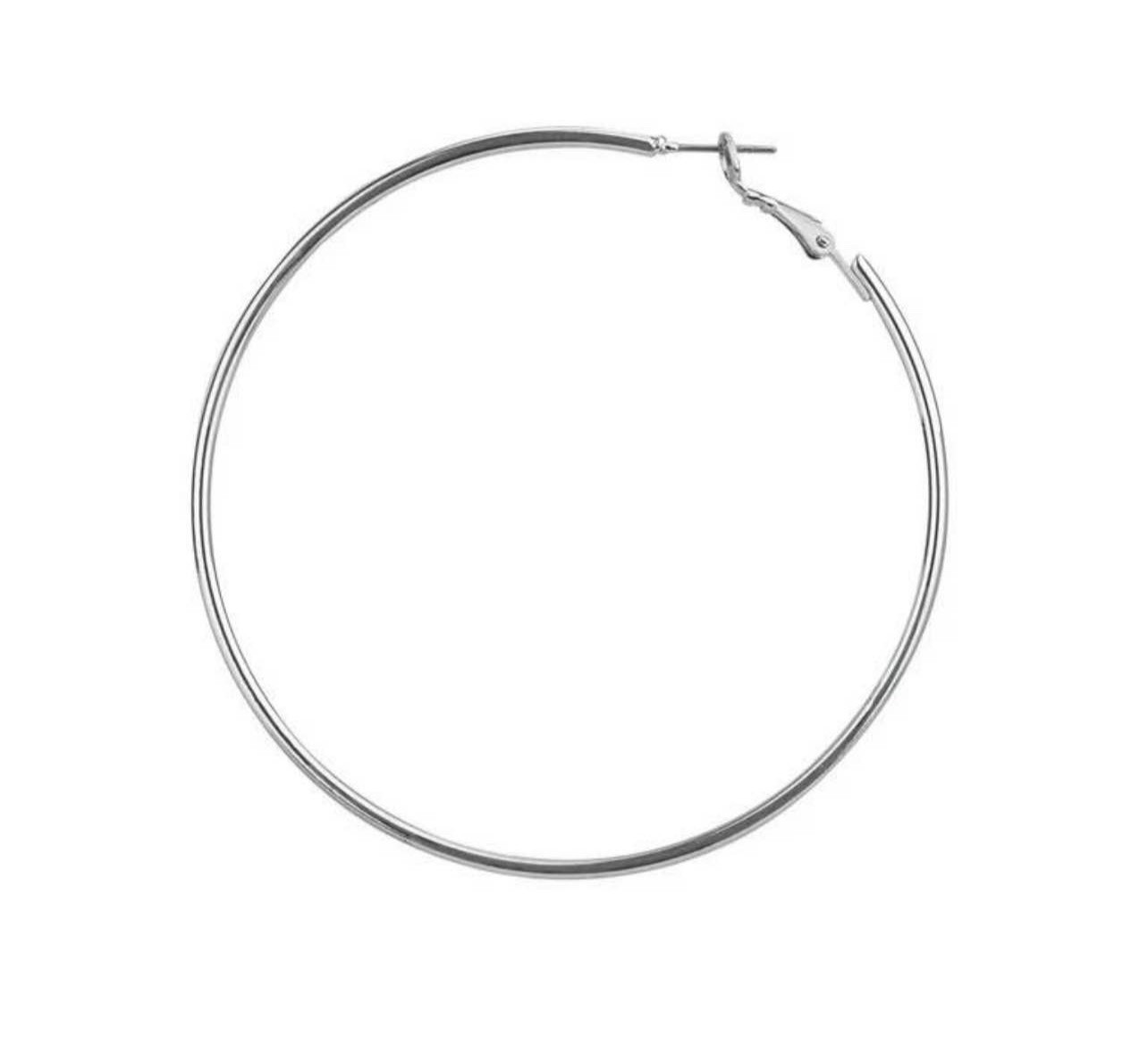 Silver Tone Round Hoop Earrings 2.5 in Diameter Hinged Closure Pair