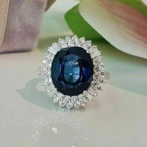 Lab Created 4CT Oval Blue Sapphire Halo Engagement Ring 14K White Gold Plated