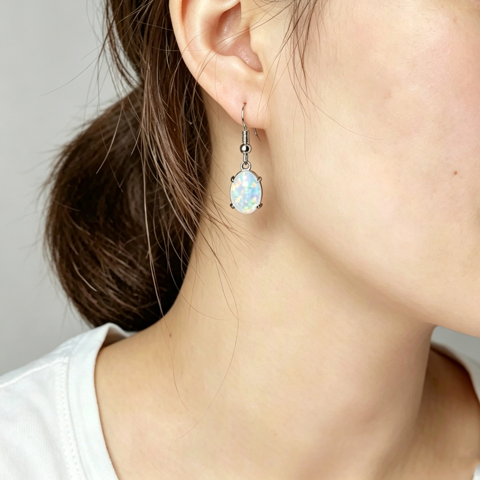 White Opal Dangle Earrings Sterling Silver Plated Fire Opal Drop Earrings