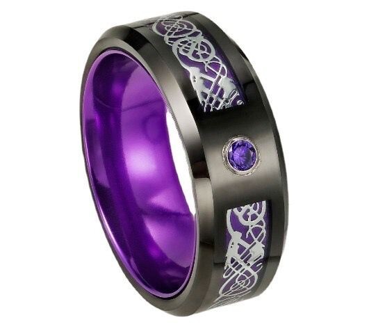 8mm Men Women Purple Red Tungsten Steel Dragon Band CZ Ring Couple Ring