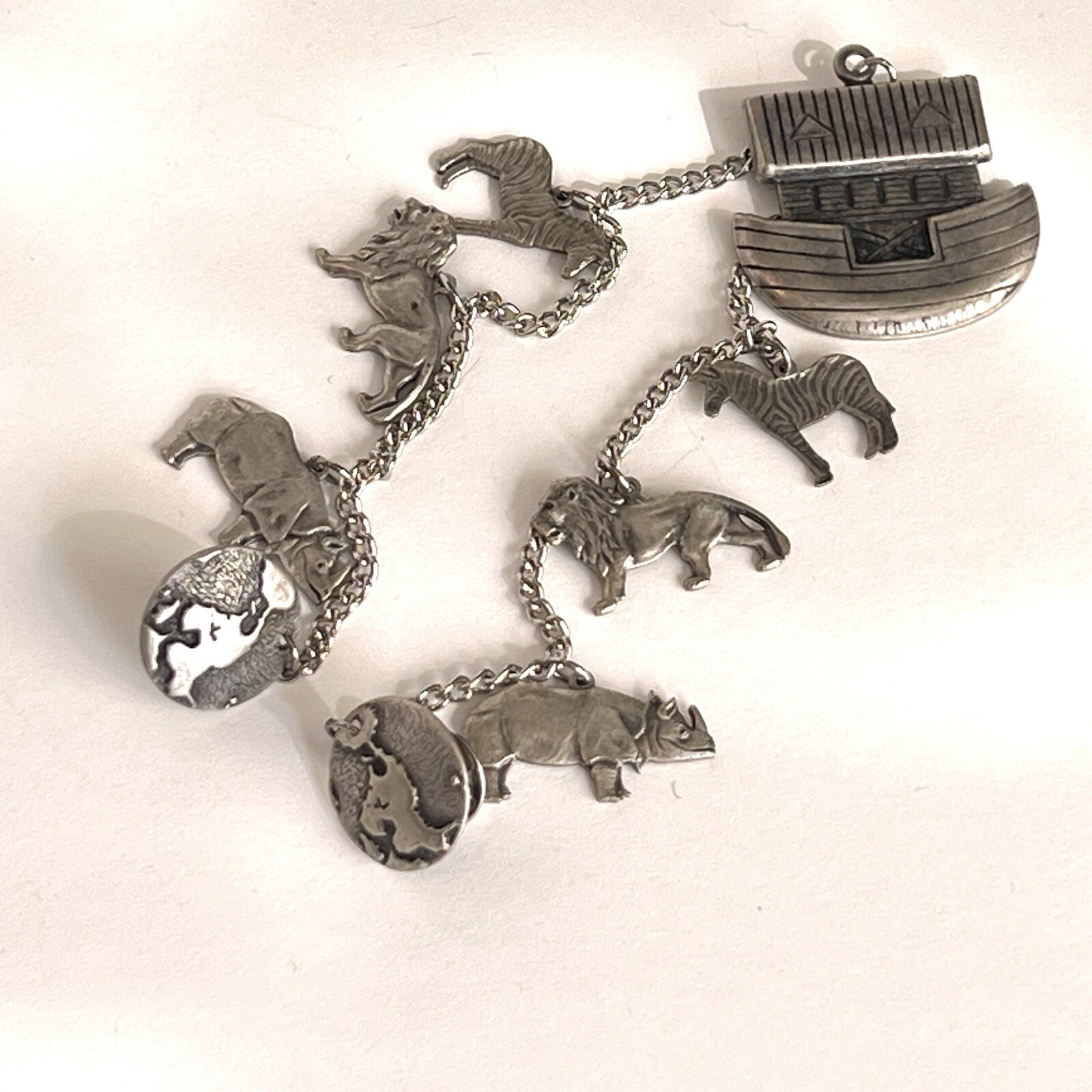 Noahs Ark Charm Brooch Silver Tone Vintage Chain With Animals And Globes On End