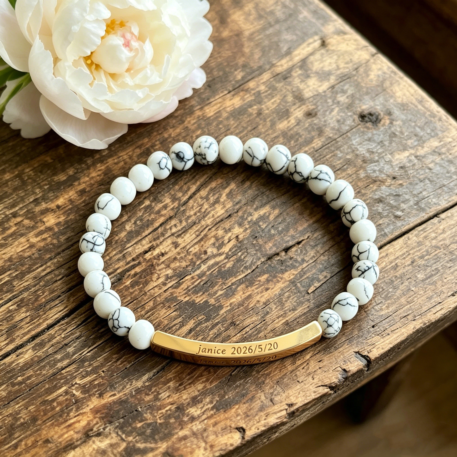 Custom Engraved Howlite Bracelet Personalized Name Date Custom Memorial Bracelet