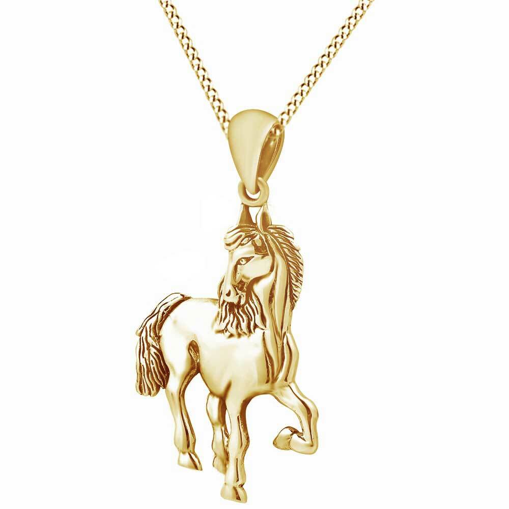 Wild Equine Horse Pendant Necklace In 14K Yellow Gold Plated Sterling 18″ Chain