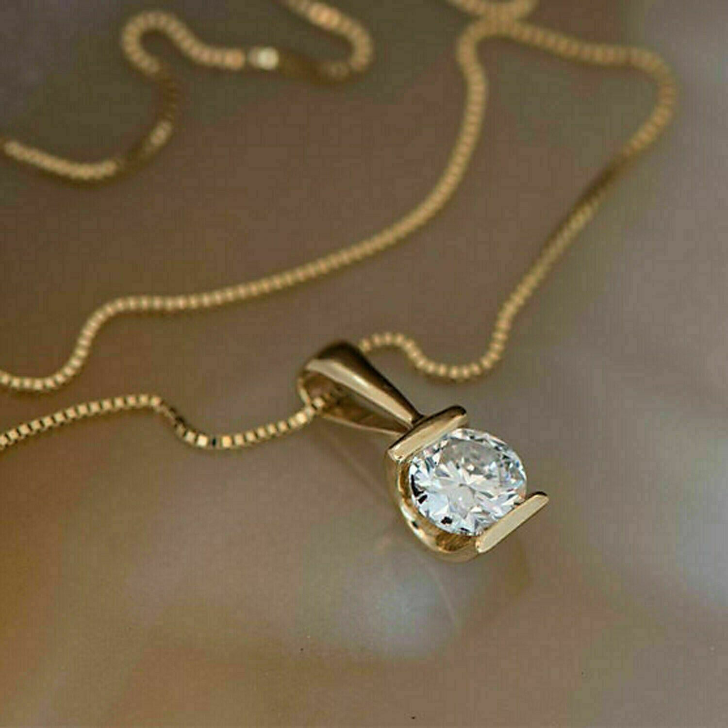 1.5Ct Round Moissanite Diamond Solitaire Pendant Chain 14K Yellow Gold Finish