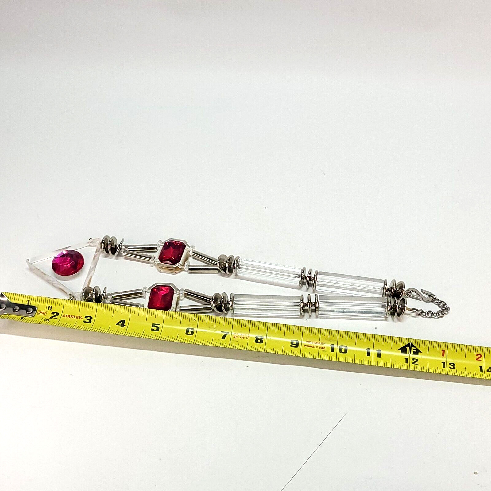 Acrylic Lucite Maximalist 80s Necklace 24″ Fuschia Silver Triangle Art To Wear