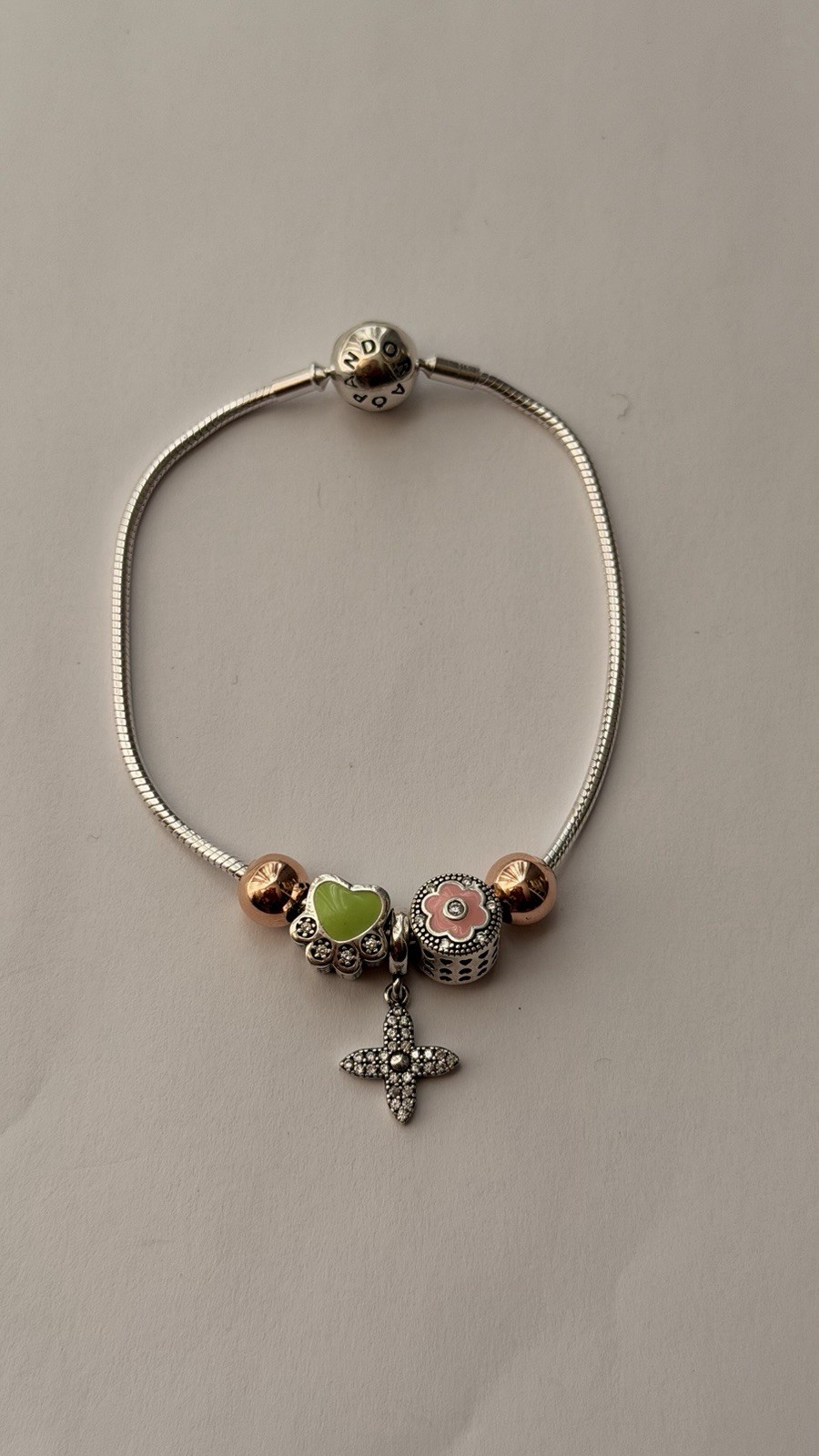 AUTHENTIC PANDORA 925 STERLING SILVER SNAKE CHAIN BRACELET WITH 5 CHARMS