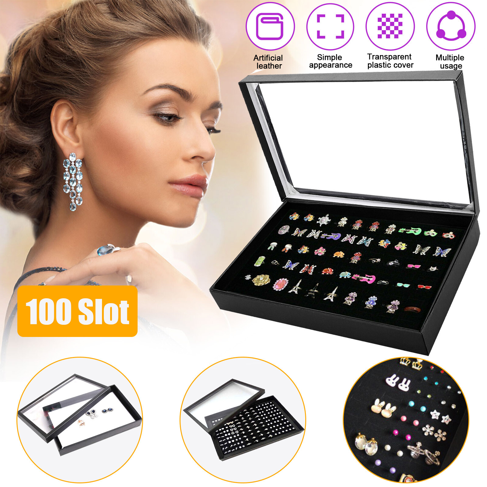 100 Slots Jewelry Ring Display Organizer Tray Holder Earrings Storage Box Case