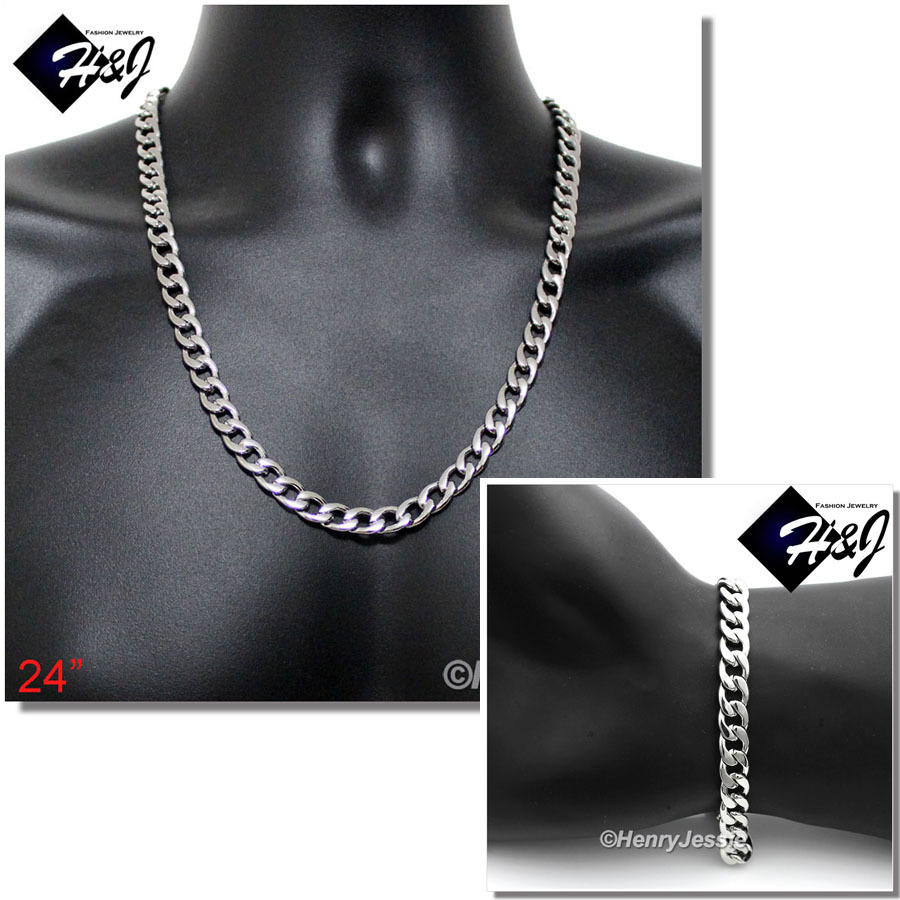 24″MEN Stainless Steel WIDE 8.5mm Silver Cuban Curb Chain Necklace Bracelet SETS