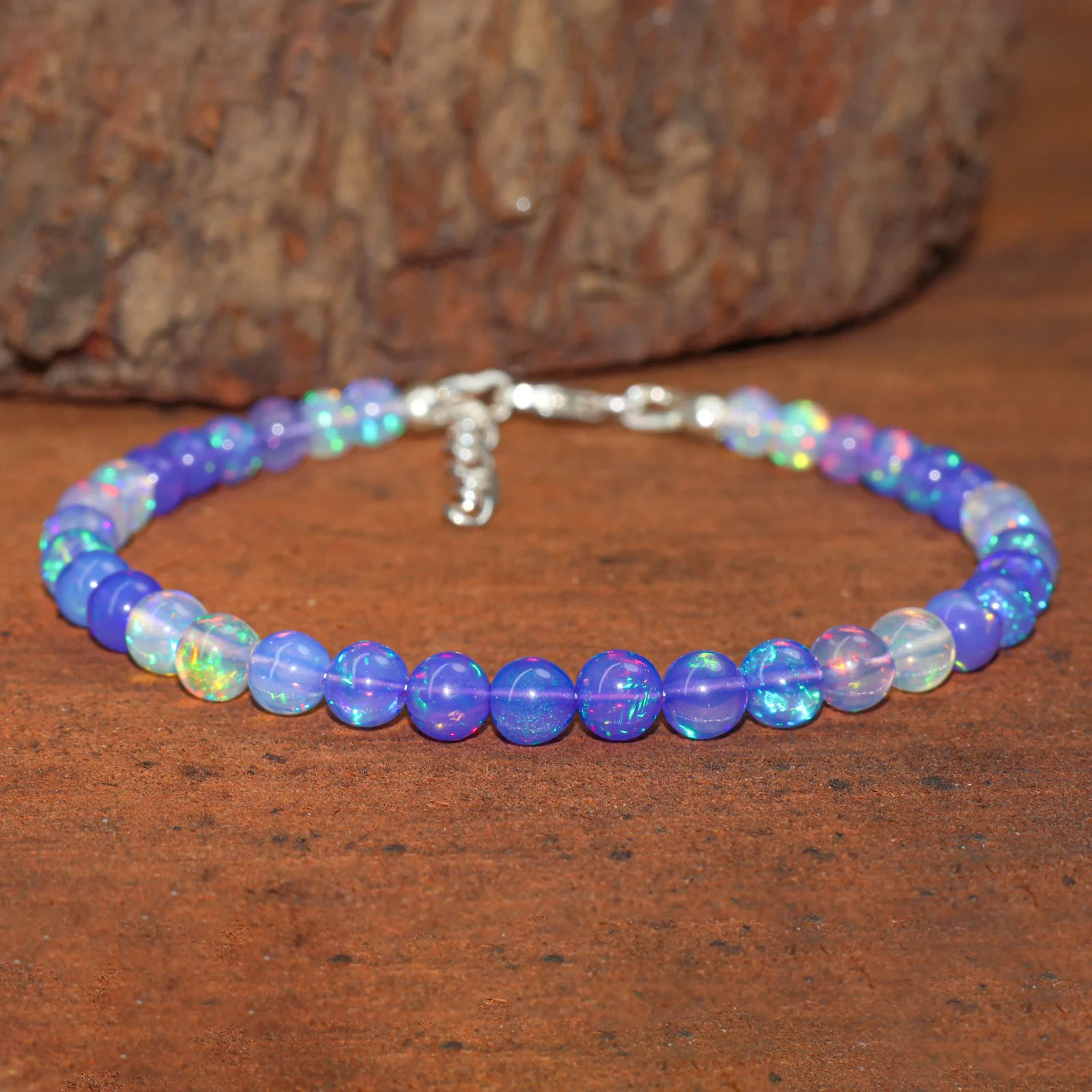 Lavender Opal Gemstone Round Beads Bracelet, Natural Fire Opal Beaded Bracelet
