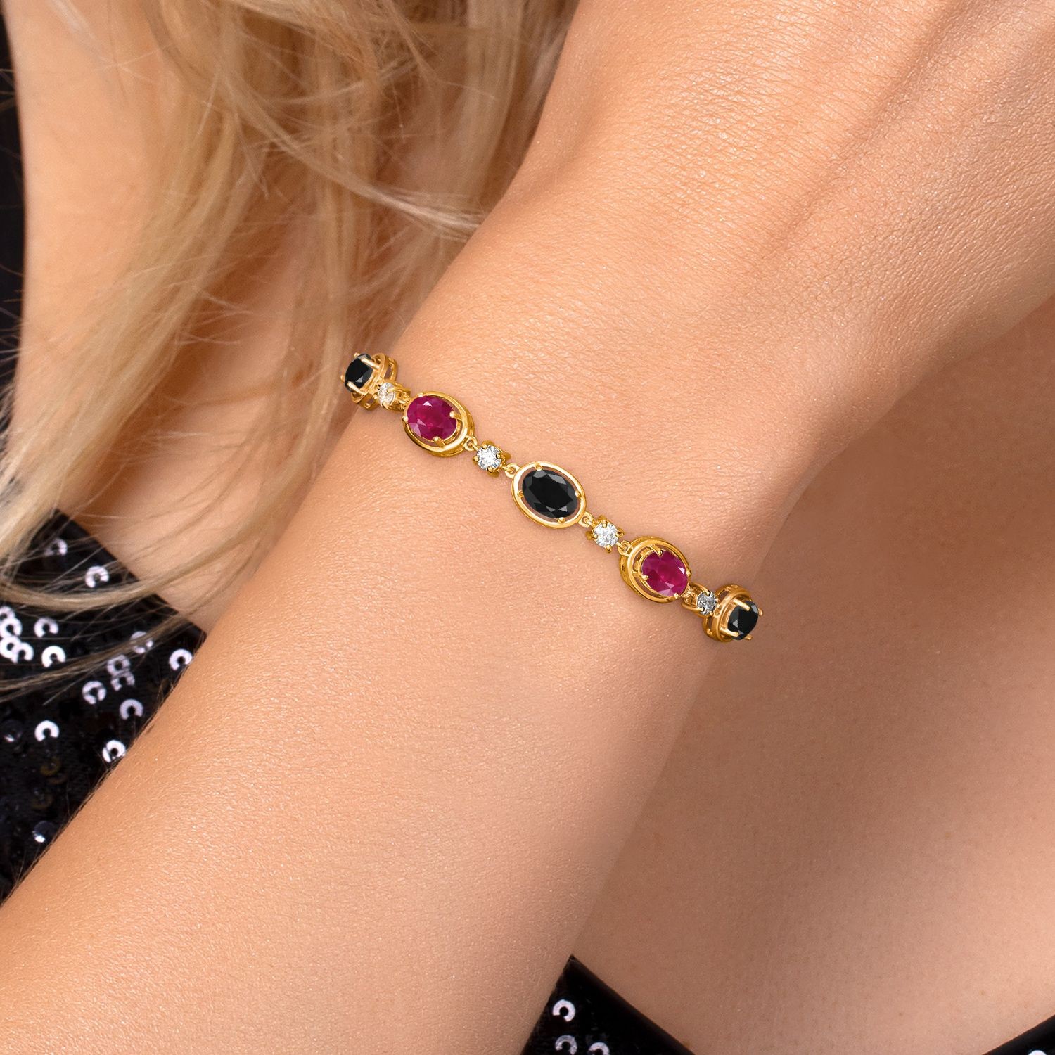 18K Yellow Gold Plated Silver Black Sapphire and Ruby and Lab Grown Diamond