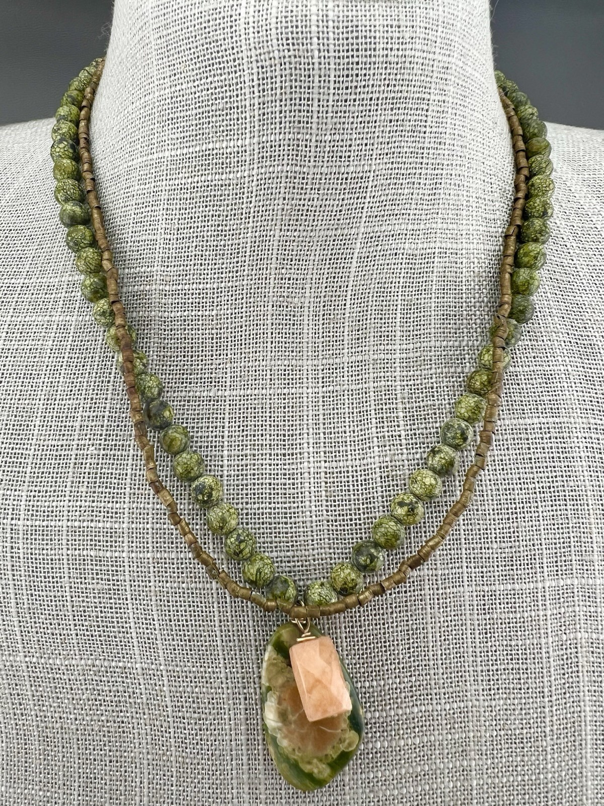 Natural Stone Necklace Green Orange Rainforest Rhyolite Beaded Artisan 16”
