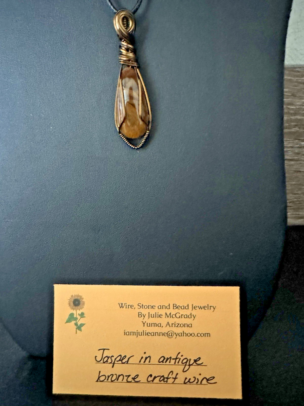 Hand Polished Jasper Stone Necklace In antique bronze craft wire Handmade