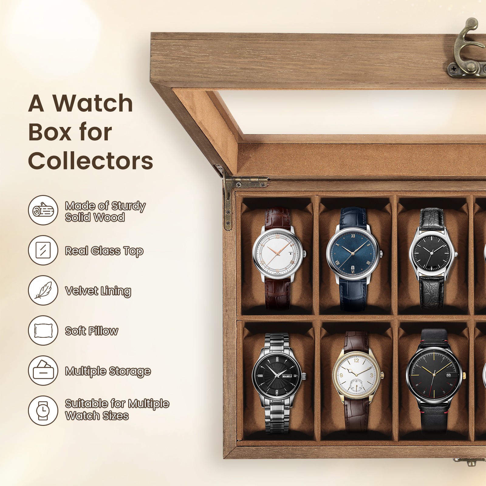 12 Slots Watch Box Solid Wood Organizer Watch Case Jewelry Storage Display Case