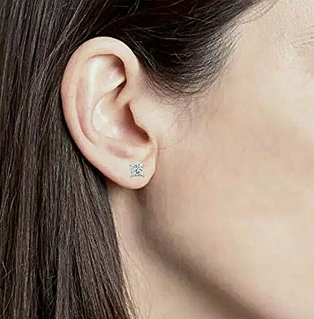 1 Ct Princess Cut VVS1/D Lab Created Stud Earrings 14K White Gold Push Back 6mm