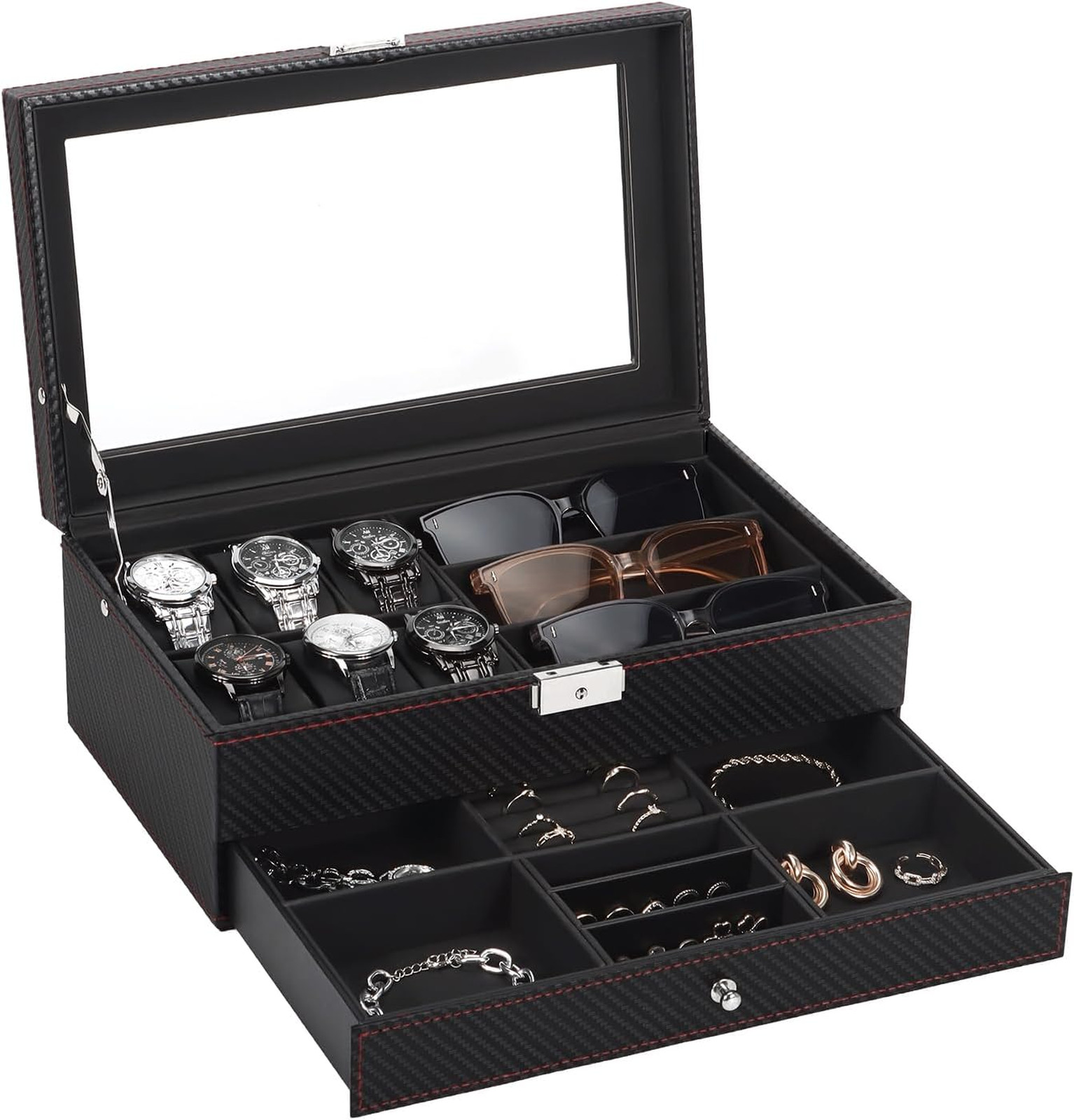 Watch Box Leather Men Jewelry Organizer With 6 Watch Slots 3 Sunglasses