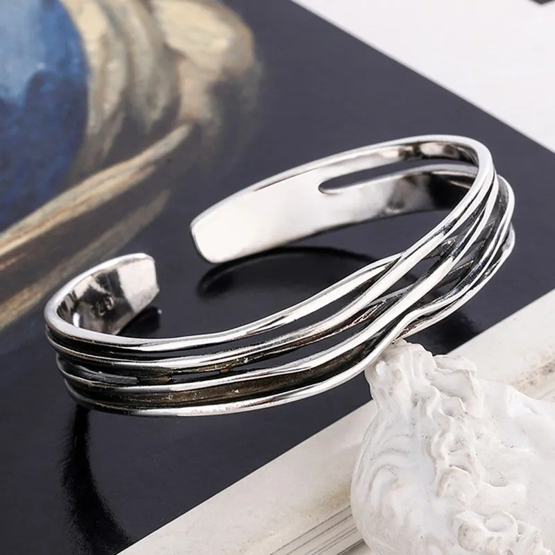 925 Sterling Silver Braided Bracelet Geometric Retro Wave Adjustable Bangle