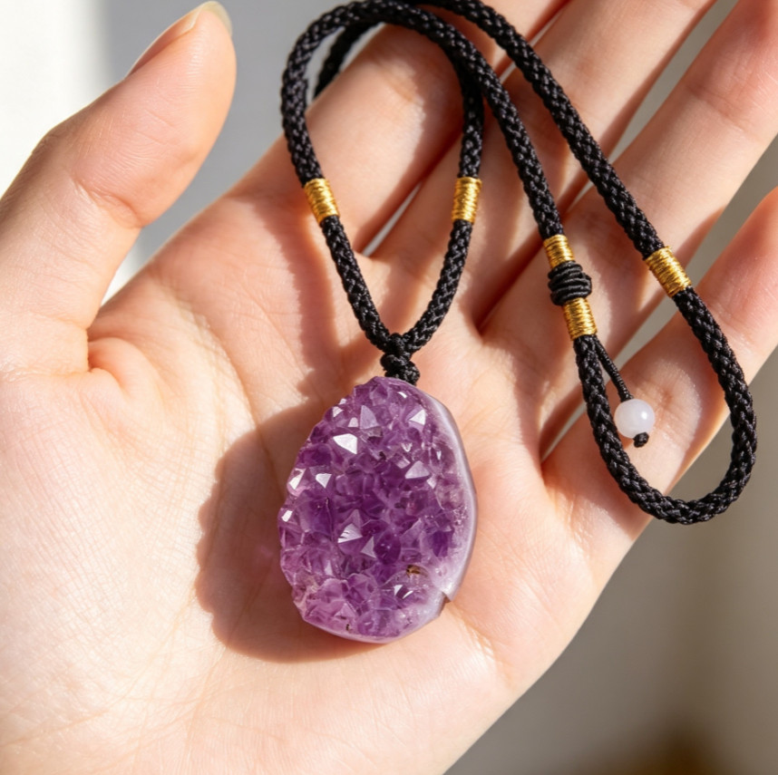 Raw Amethyst Geode Cluster Pendant Necklace Braided Cord Calming Purple Crystal