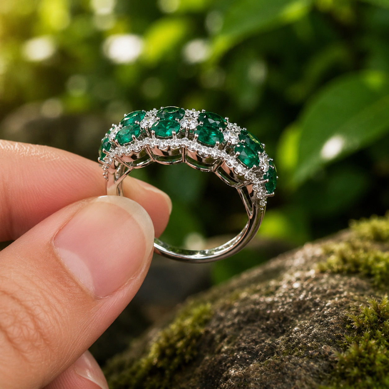 2.60Ct Oval Lab Created Green Emerald Wedding Band Ring 14K White Gold Plated
