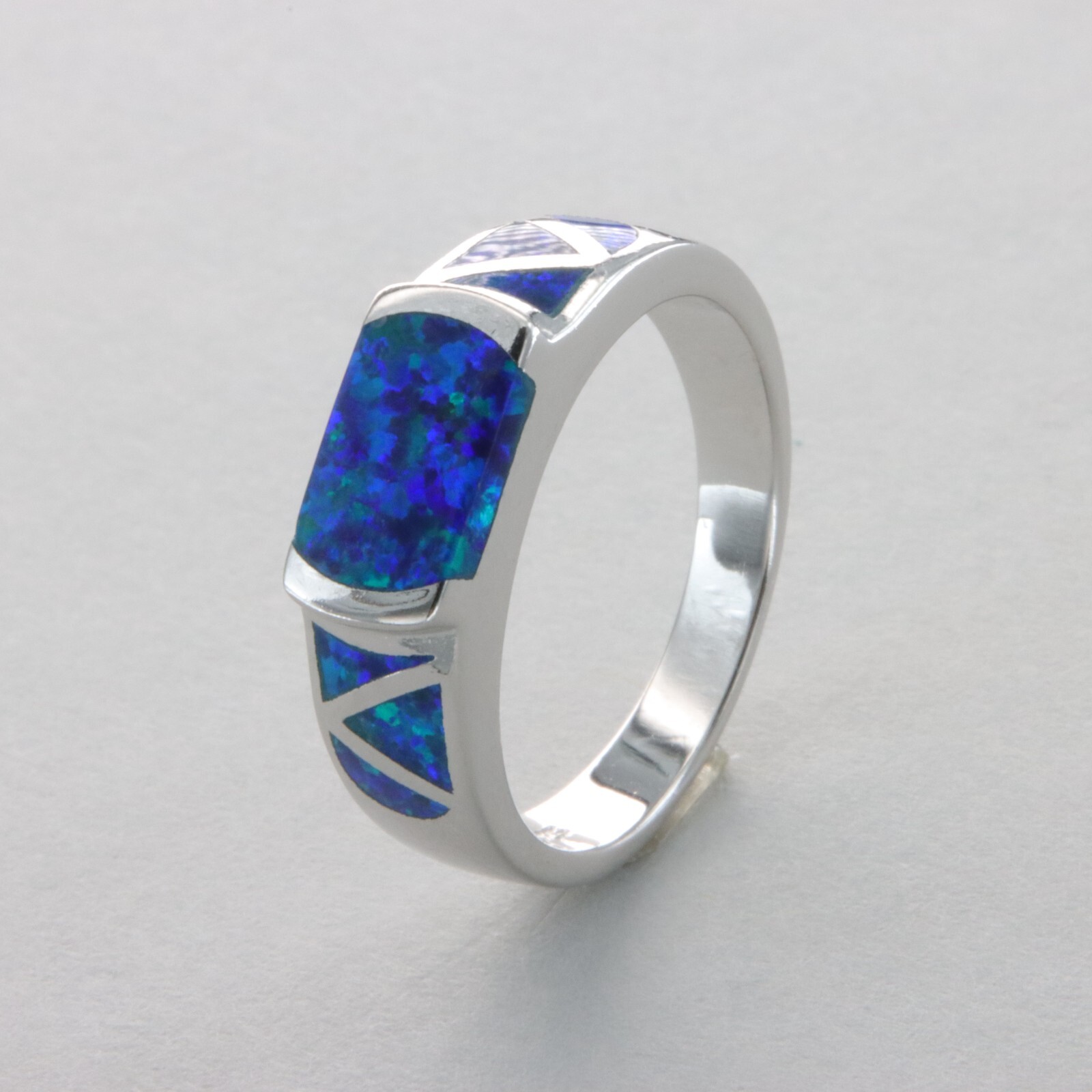 Blue Square Rectangle Fire OPAL Ring Rhodium finished 925 STERLING SILVER #1004