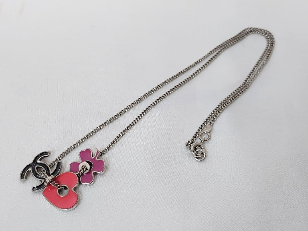 CHANEL Necklace CoCo Mark Heart Clover Charms Silver Length: 15.7 in.
