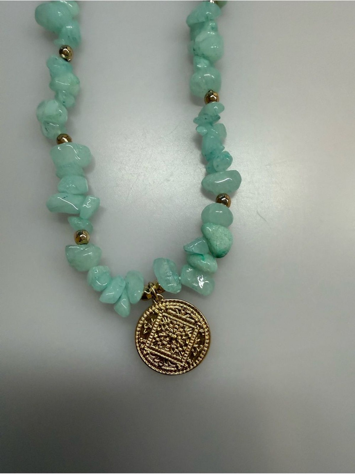 Gold Coin Pendant aqua green Chip Bead Necklace