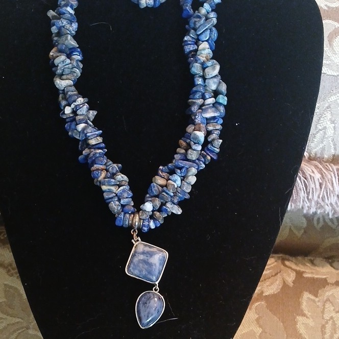Blue Sodalite Chip Beaded Necklace w/ Asymmetrical Charm Pendant Bezel Set