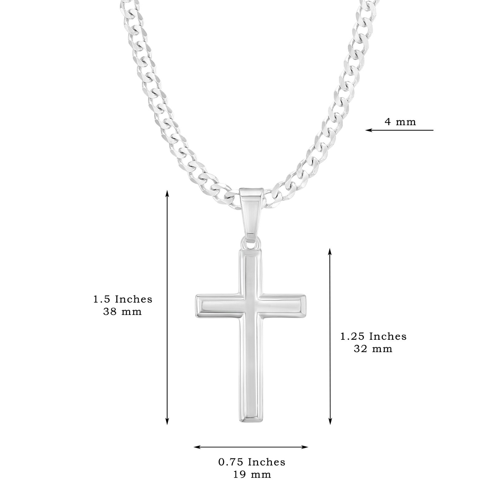 Mens Solid Sterling Silver Traditional Cross Necklace Italian Curb Chain Gift