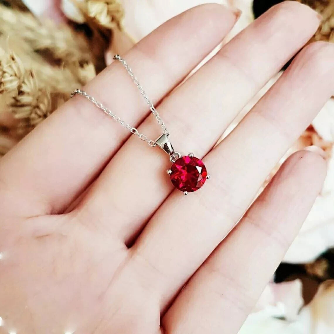 2 CT Round Cut Solitaire Red Ruby Pendant With Free Chain 14K White Gold F