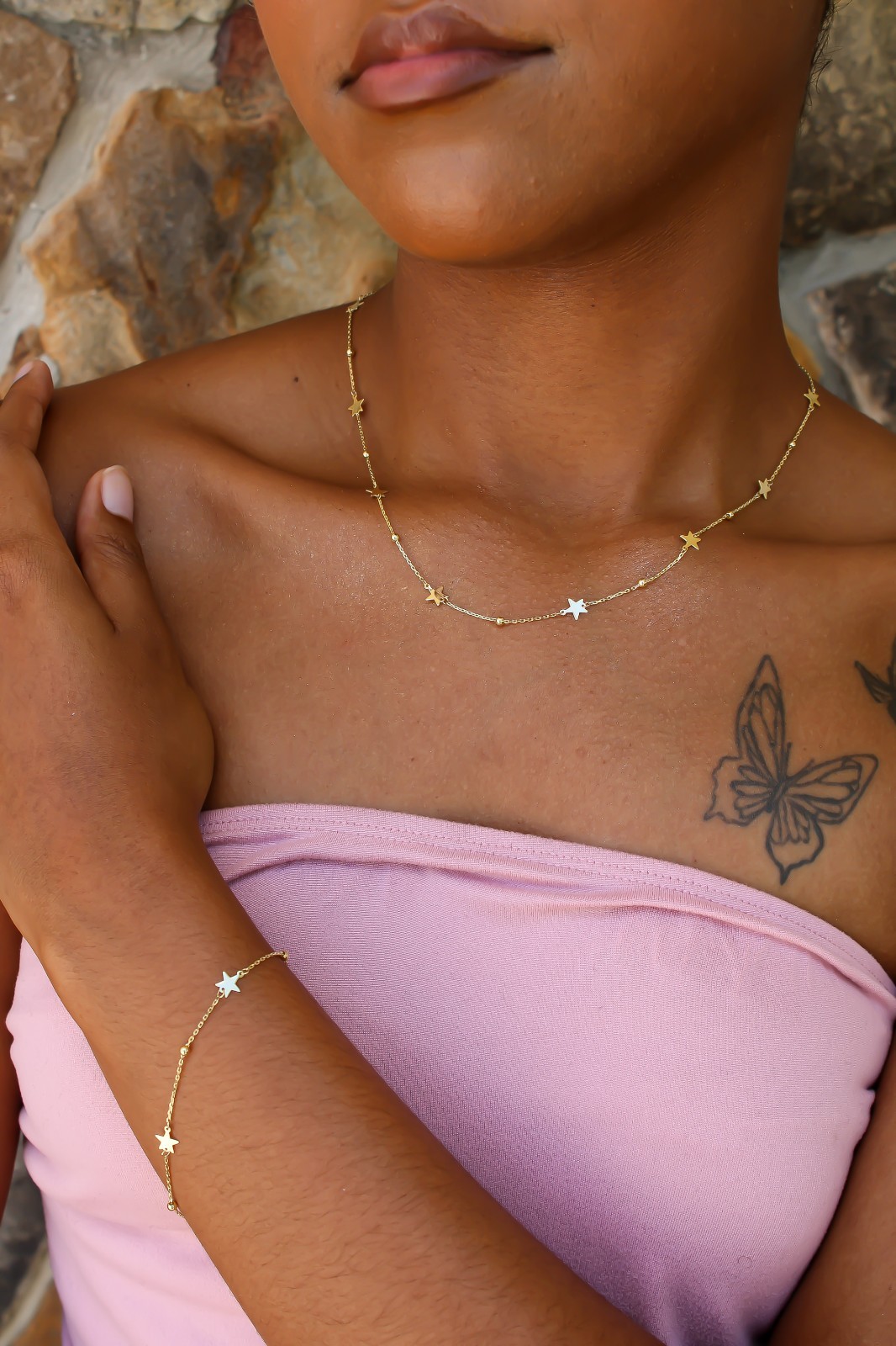 14k Solid Gold Dainty Star Bracelet Adjustable from 7″ to 7.5″ 1mm Cable Chain