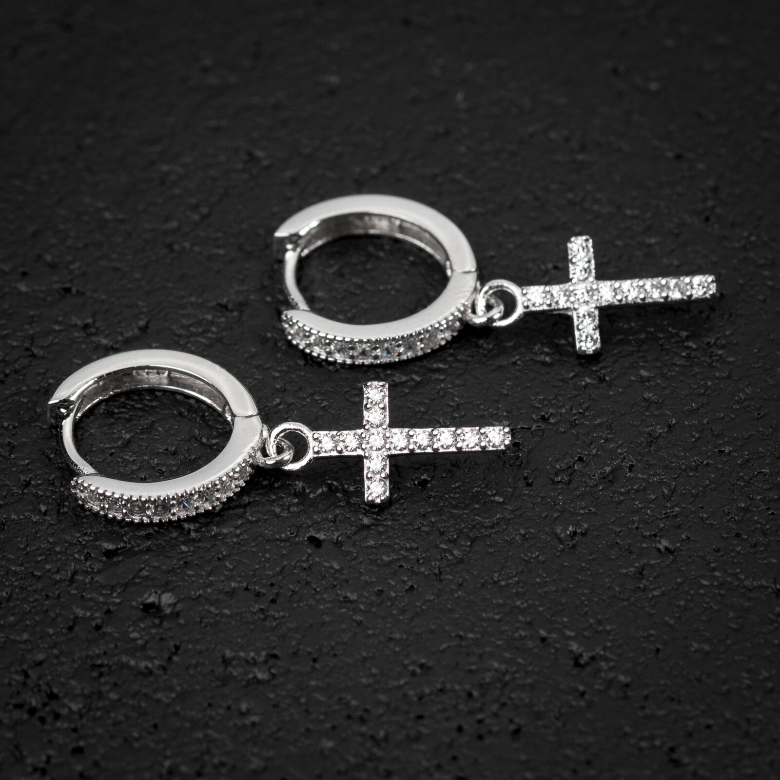 Mens Iced Sterling Silver Cz Dangle Drop Mini Huggie Clip Cross Hoop Earrings