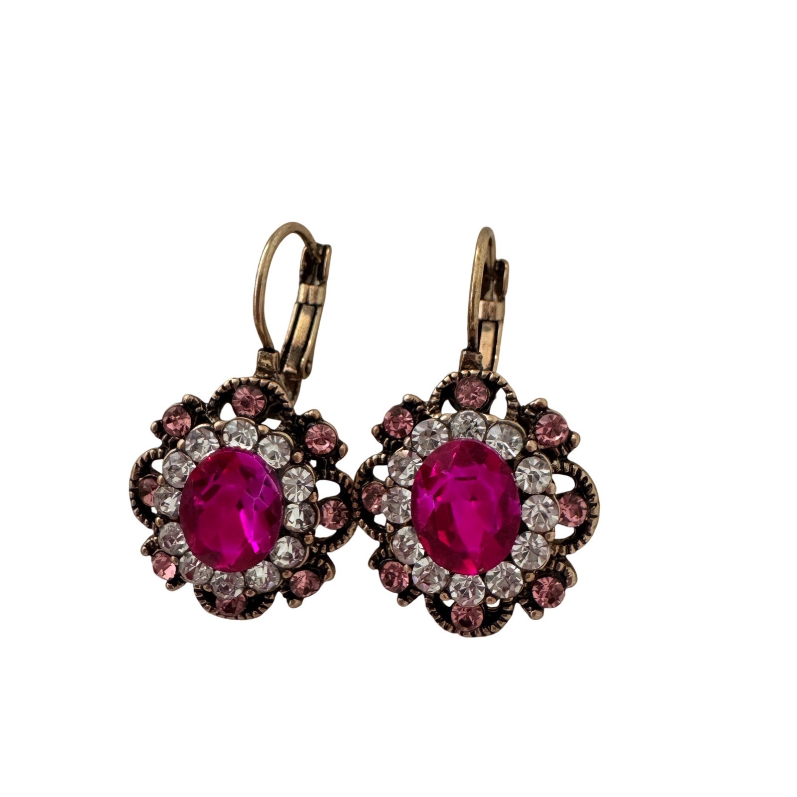 Vintage Style Fuchsia Pink Crystal Drop Earrings Antique Gold Tone Lever Back
