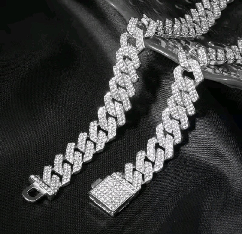 2PCS Iced Out Cuban Chain Set Hip Hop Miami Curb Necklace Bracelet Unisex