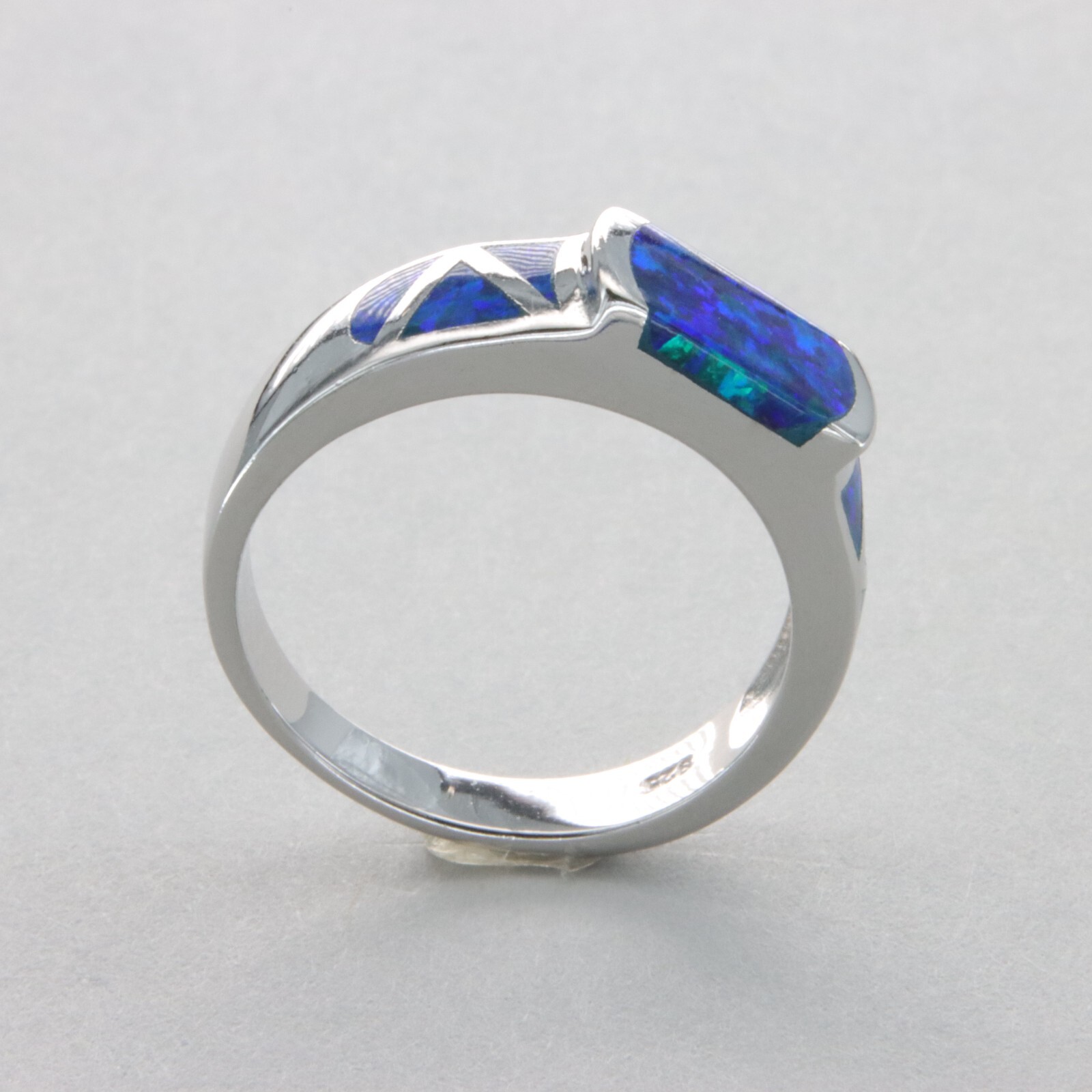 Blue Square Rectangle Fire OPAL Ring Rhodium finished 925 STERLING SILVER #1004
