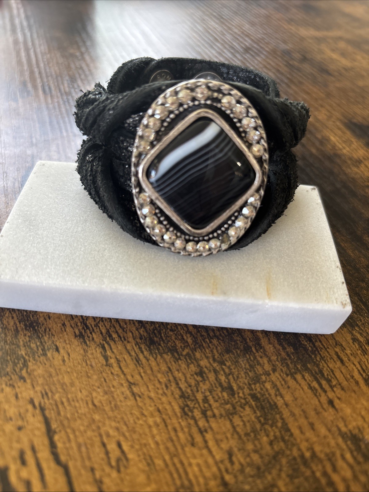 Leatherneck Black Leather Bracelet with A Crystal-embellished center Stone.