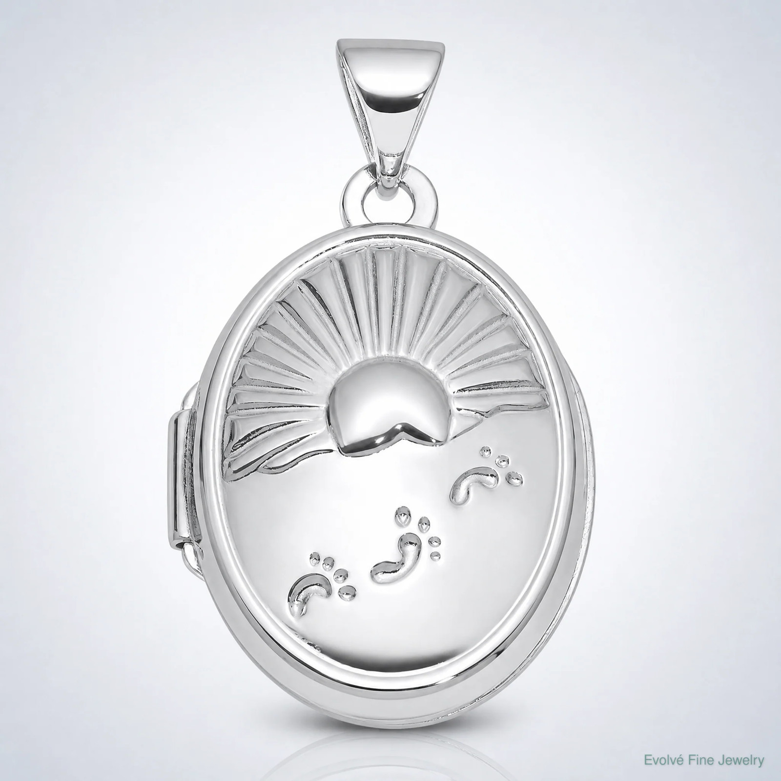 Sterling Silver Rhodium-Plated 19x15mm Foot Prints Reversible Oval Locket