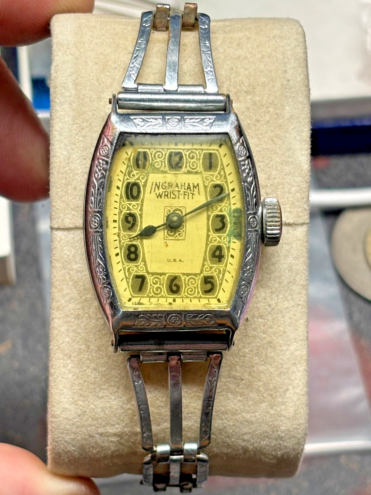 Vtg INGRAHAM WRIST FIT early wristwatch WATCH + Ornate metal band PARTS REPAIR