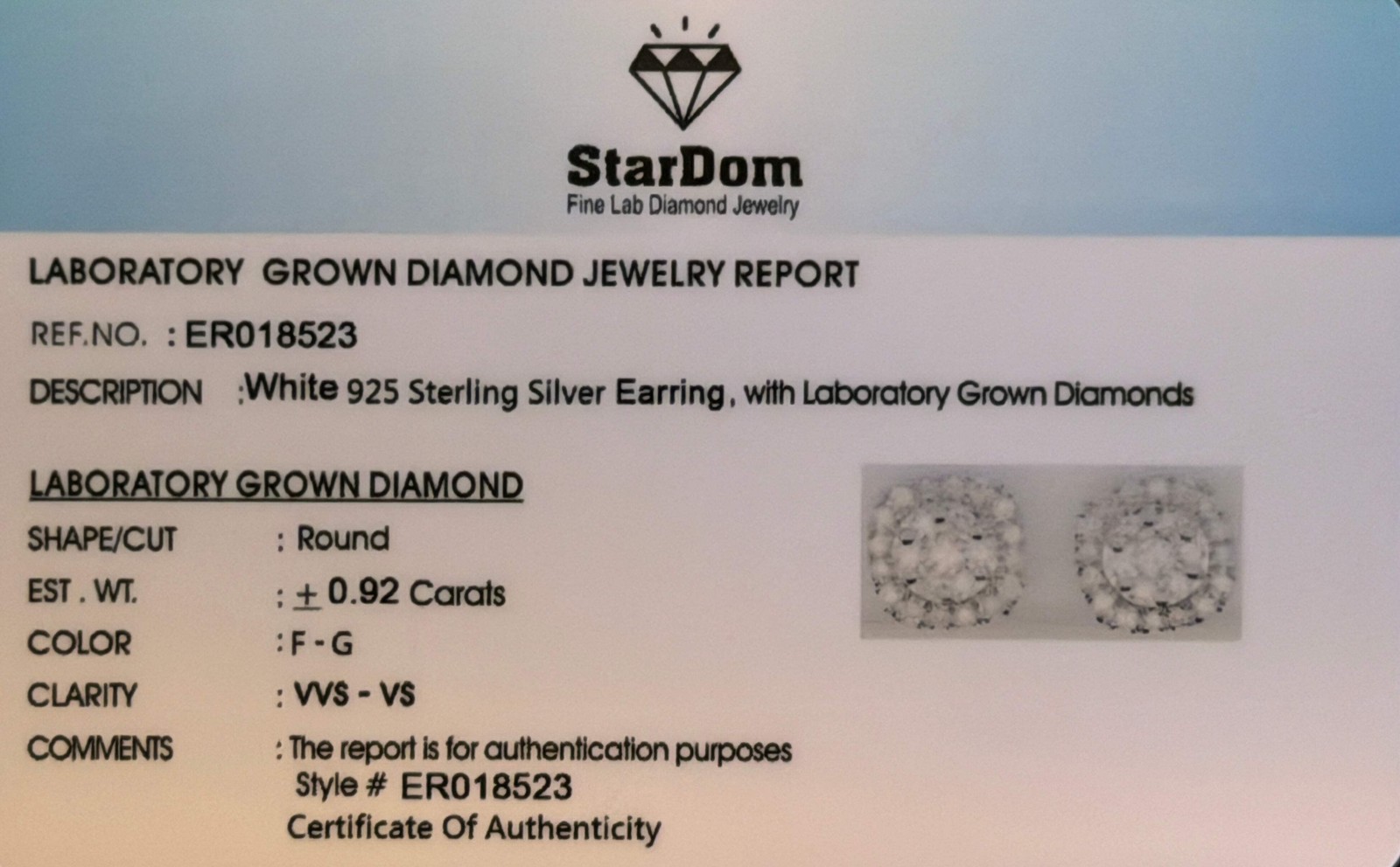 .92 CARAT CERTIFIED LAB GROWN DIAMONDS 10 MM STERLING SILVER RHODIUM PLATED STUD