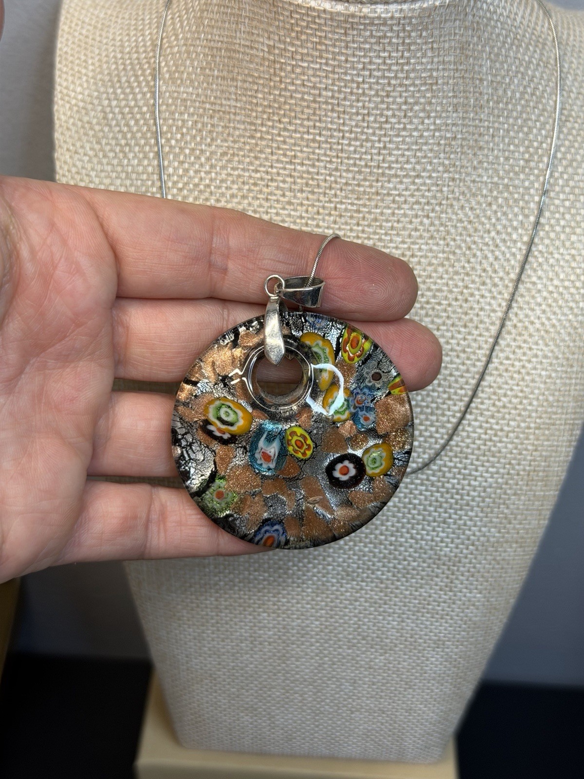 Multicolor Round Glass Pendant Charm Necklace Silver Tone Snake Chain 24in