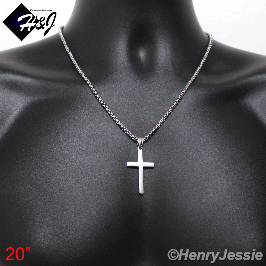 16″-30″MEN Stainless Steel 2mm Silver Smooth Box Chain Necklace Cross Pendant*SP