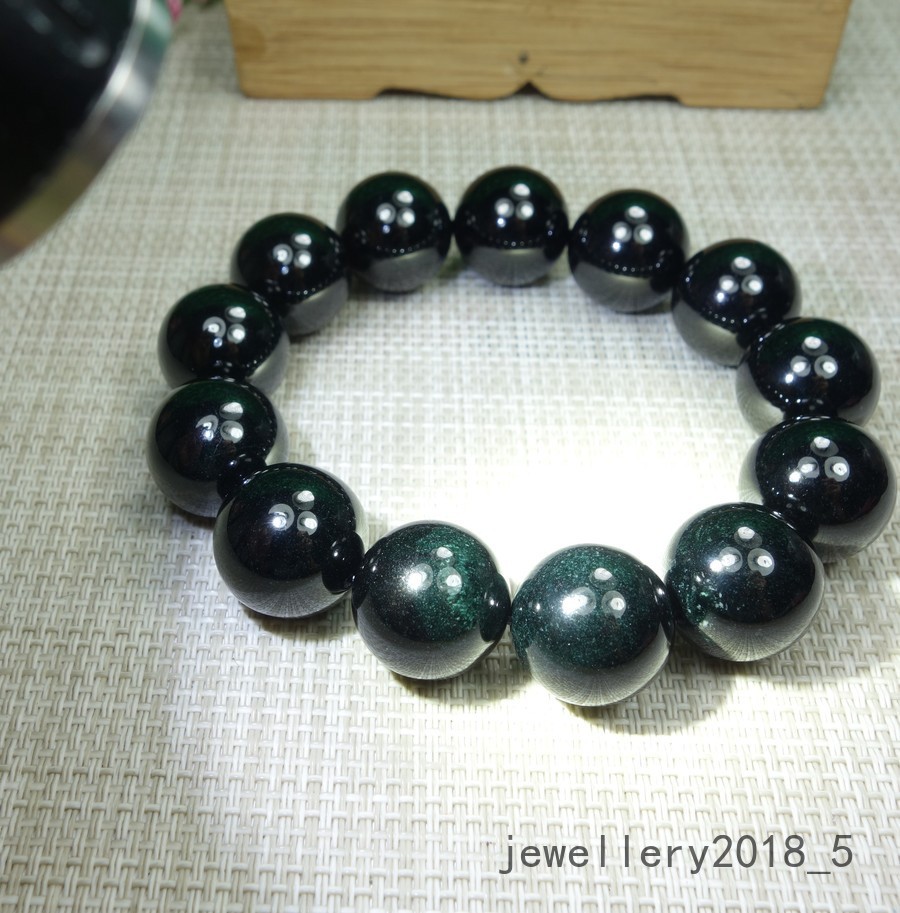 Certified Black Green Burma 100% natural A jadeite jade Bead Bracelets墨翠18mm圆珠手链