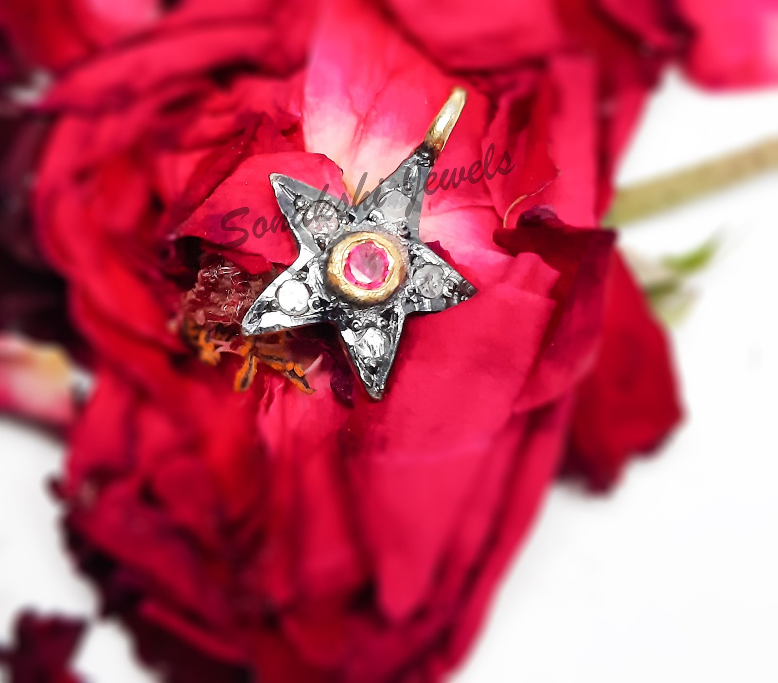 Handmade Diamond & Ruby Star Charm Pendant 925 Sterling Silver Pendant