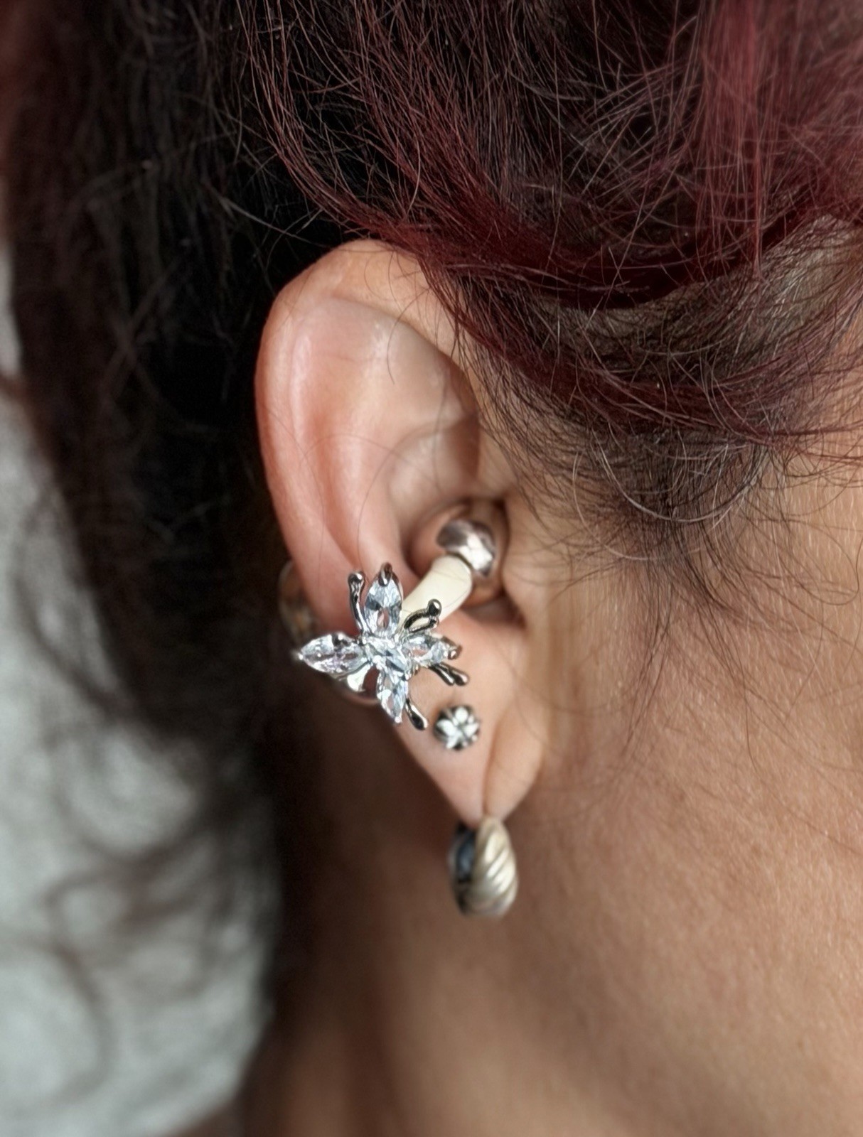 Silver Tone Flower Ear Cuff Climber Earrings Clear Simulated Cubic Zirconia