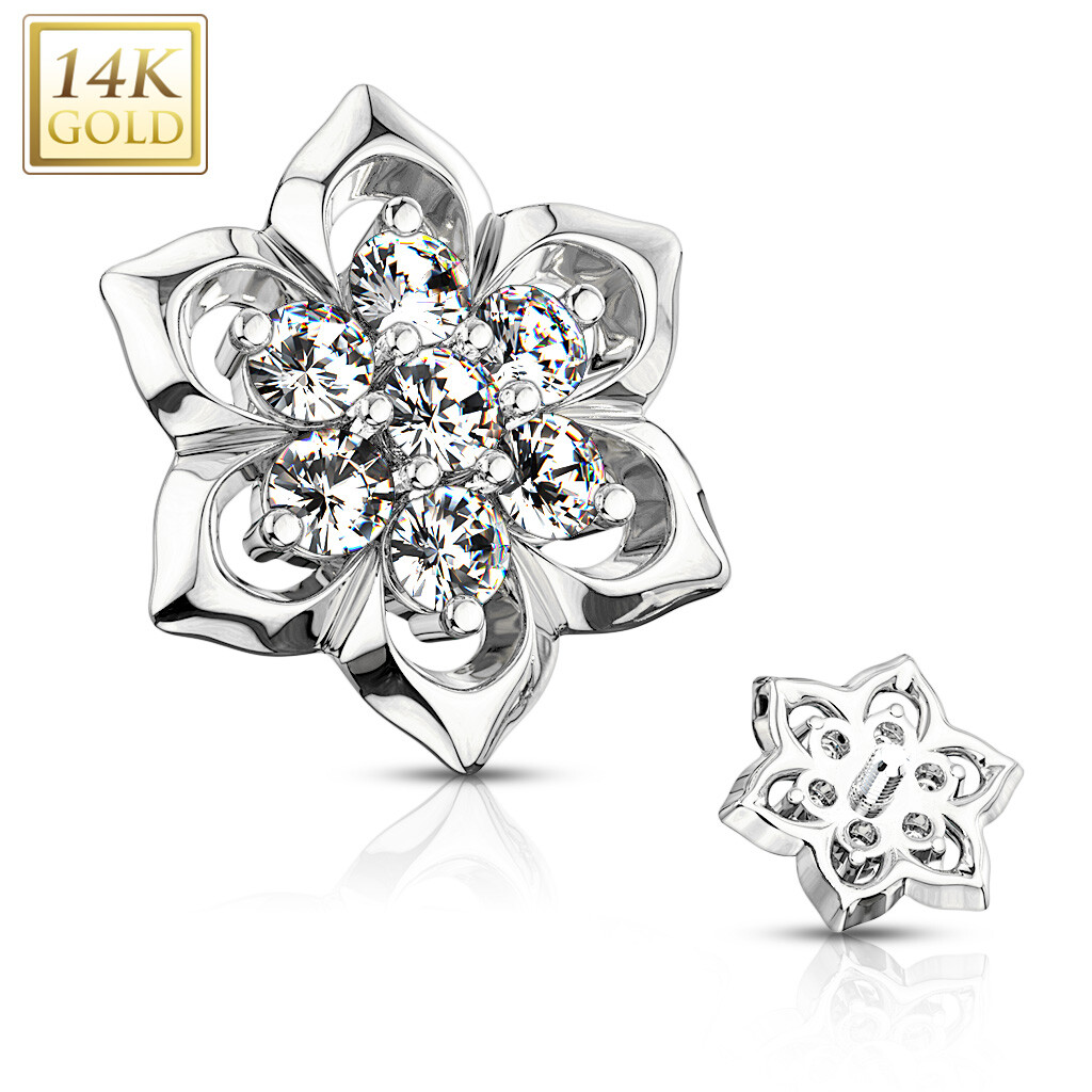 14K Solid Gold CZ Cluster Center Flower Dermal Anchor Top 14g