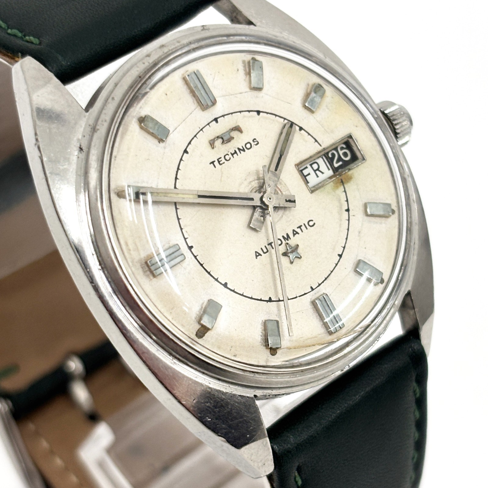 Vintage 1970s Technos Sky Light Automatic 35mm Day Date Swiss ETA 2638 Running