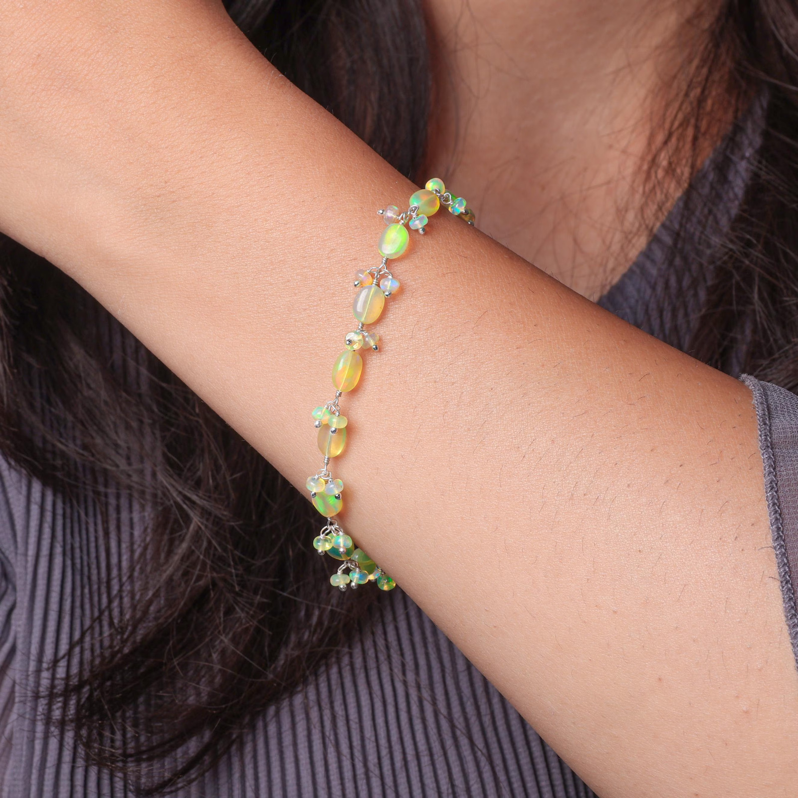 Natural Yellow Opal Gemstone Tumble Beads Bracelet, Ethiopian Fire Opal Bracelet