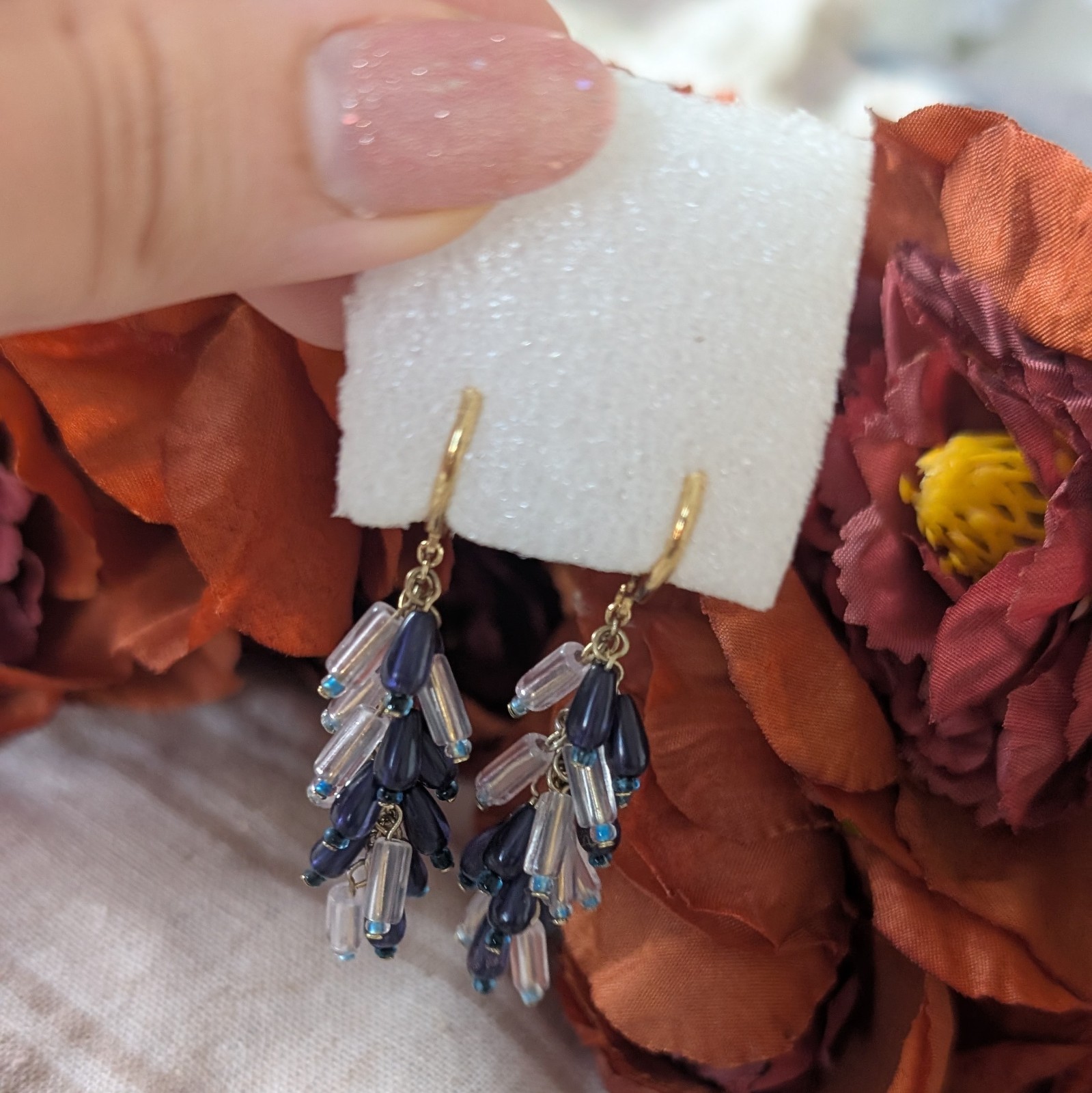 Blue Beaded Dangle Earrings Euro Vintage Golden Metal