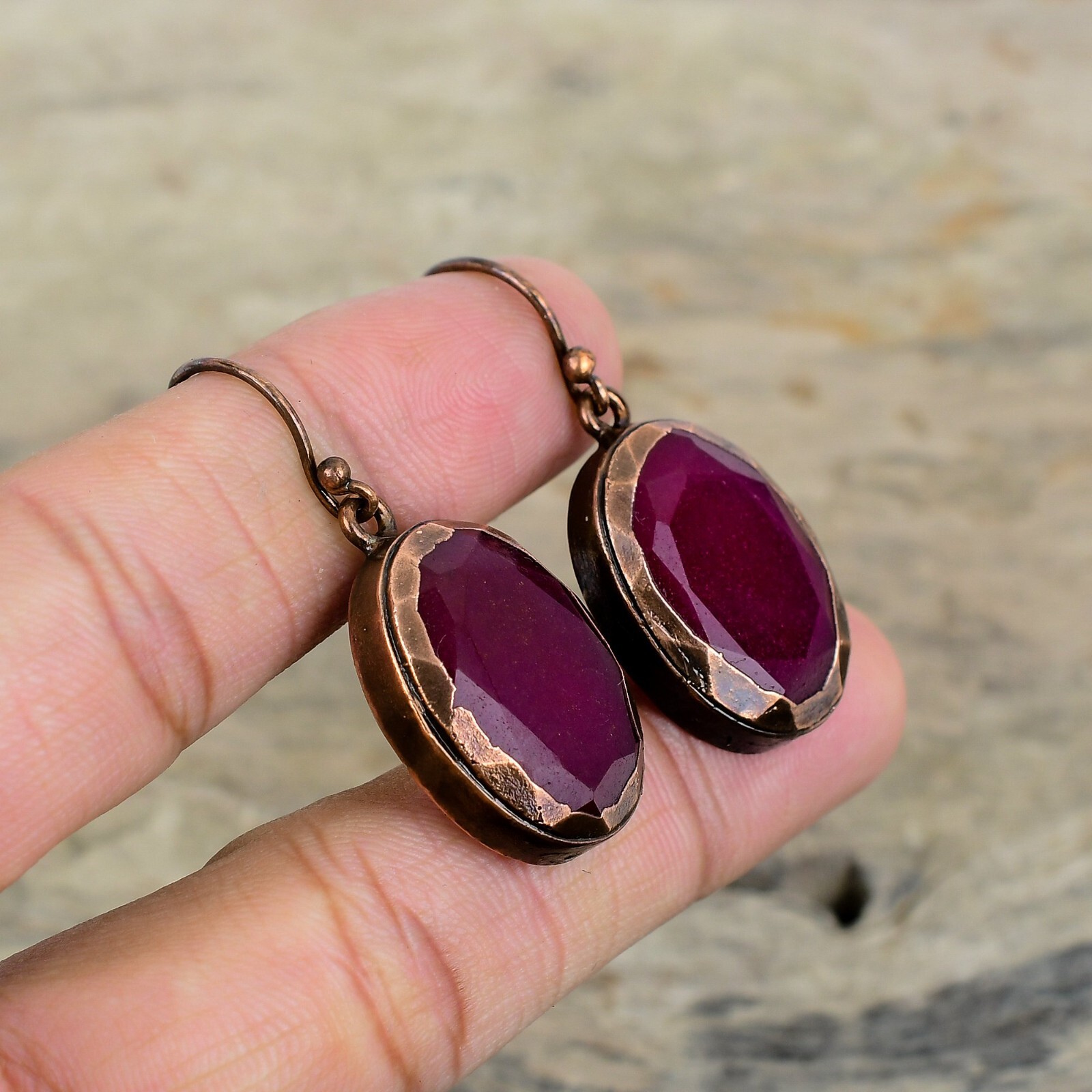 Natural Kashmir Rubi Copper Bezel Dangle Electroformed Daughter Earrings Jewelry